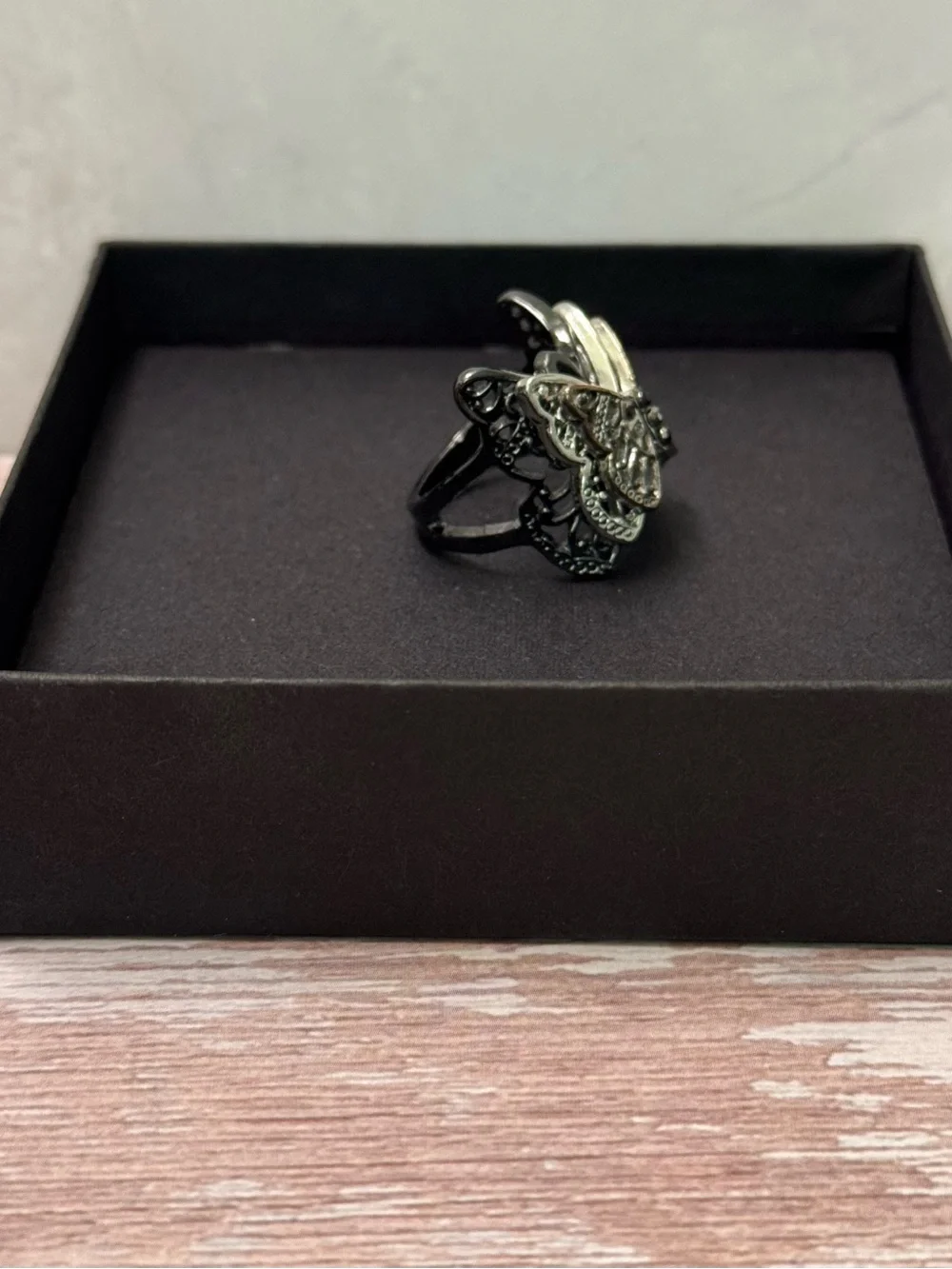 Vintage Inspired Multi Color Metal Butterfly Ring wt Black Faux Gems Size 7.5